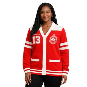 Cardigan in Lana Rossa Delta Sigma Theta per Donne, Vestibilità Comoda, Tessuto Premium, Abbigliamento Casual per Confraternite Greche - Product Image 1