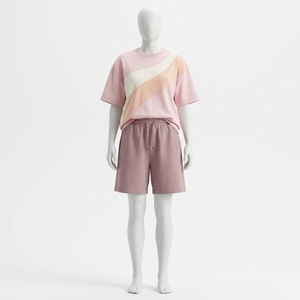 ชุดเสื้อผ้าผู้ชายสีชมพูแบบคัลเลอร์บล็อก ผ้าคอตตอนเจอร์ซีย์ถัก ชุดลำลองสำหรับฤดูร้อน - Product Image 1