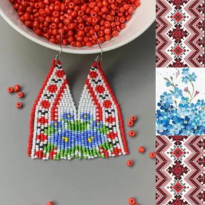 TRENDING USA Tribal seed bead fringe earrings - Traditional Ukrainian red ornament blue <b>flower</b> earring FOR WEDDING - Product Image 1