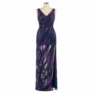 Luxury Purple Navy <b>Sequin</b> Mermaid Evening Gown for Women V Neck Sleeveless High Slit Formal Wedding Reception Prom Maxi Dress - Product Image 1