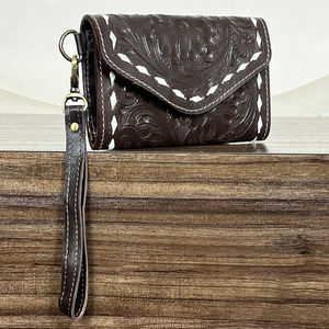 Vintage OEM ODM Wholesale Hand Tooled Cow Leather Wallet Stylish Floral Pattern <b>Wristlet</b> Clutch Credit Card Holder for Women's - Product Image 4