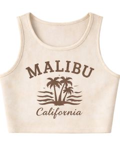Ensemble deux pièces décontracté d'été pour femme : débardeur court côtelé beige et short, imprimé Malibu, sans manches, col rond, personnalisable - Product Image 2