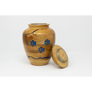 Urna Funeraria de Madera Hecha a Mano para Mascotas con Diseño de Huella Azul, Urna Conmemorativa Redonda de Madera Natural, Pequeño Recuerdo - Product Image 3