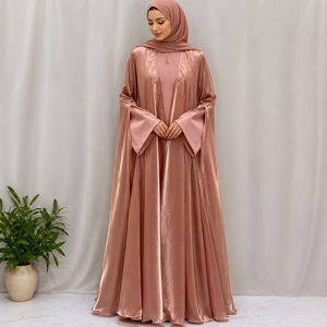 Luxury Customized Color Satin <b>Matte</b> High Neck <b>Floor</b> Length Open Front Modest Abaya Matching Inner Dress Hijab Elegant - Product Image 1