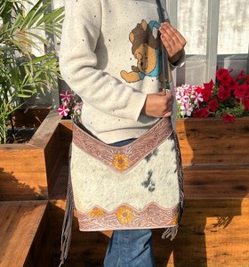 Nouveaux vrais cheveux élégants faits à la main sur cuir de vachette usiné Boho frange sacs à bandoulière Western à la mode femmes gland sacs à bandoulière - Product Image 3