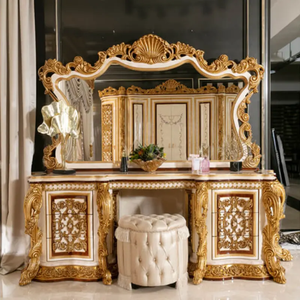 Luxury Royal Mahogany Vanity <b>Dressing</b> Table Full Gold Carving Mirror Elegant Classic Makeup Table Bedroom Furniture - Product Image 2
