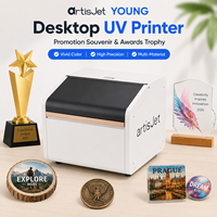 artisJet YOUNG Printer UV LED Flatbed Desktop untuk Promosi Souvenir Penghargaan Lencana Piala Coaster Koin Magnet Kulkas