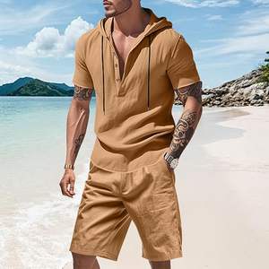 Ensemble de survêtements d'été brodés 2 pièces pour hommes, haut à capuche à manches courtes, short décontracté 100 % coton à motifs floraux, séchage rapide, style vintage plage - Product Image 3