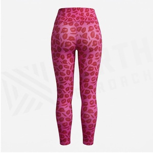 Leggings de yoga taille haute longueur intégrale, imprimé léopard rose, en Spandex et Polyester, extensibles dans les quatre sens, taille élastique, design froncé aux fesses - Product Image 2