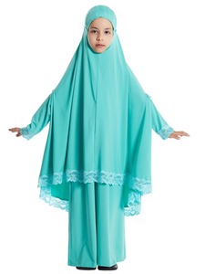 Vente en gros de khimar de Dubaï, ensemble 2 pièces, hijab pour enfants, abaya à manches longues, polyester respirant, hiver, été, vêtements de prière islamiques pour enfants - Product Image 4