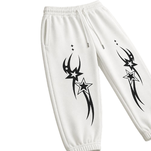 Unisex <b>White</b> Hooded Tracksuit Set Full Sleeve Casual Autumn Wear With Star Print 100% Cotton Loose Fit Drawstring Closure - Product Image 2