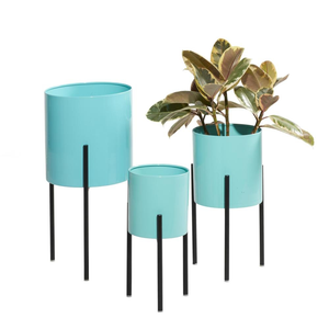 Pots de fleurs en métal turquoise avec supports en fer noir, supports cylindriques modernes pour plantes d'intérieur et d'extérieur, jardin, balcon, salon - Product Image 1