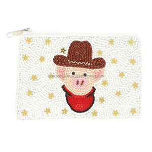 Handmade Durable Foldable Beaded Cowboy Pig Clutch White Evening <b>Bag</b> Party Purse Animal Theme Custom Logo <b>Gift</b> Girls Wholesale - Product Image 1