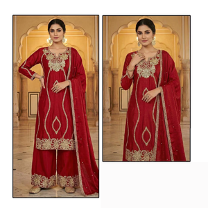 Ensemble Kurti en Chinon lourd avec pantalon Palazzo pour femme – Tenue ethnique de créateur, idéale pour les fêtes et les occasions festives – Ensemble Kurta et Palazzo élégant - Product Image 1