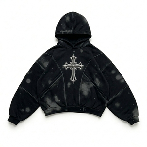 Sweat à capuche oversize délavé effet vieilli, doublé pour l'hiver, tricoté, avec logo brodé en 3D, style streetwear homme, 100% coton - Product Image 2