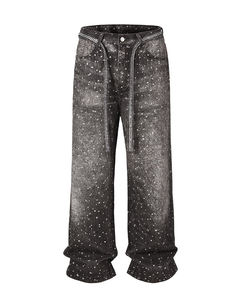 Vaqueros de mezclilla de cintura alta con lentejuelas y pierna ancha para hombre, estilo casual, corte holgado, pantalones de algodón lavado a la piedra, estilo primavera - Product Image 2