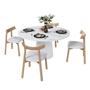 Set da Pranzo Moderno Stile Fattoria da 47 Pollici con Tavolo Rotondo in MDF e 4 Sedie, Tavolo in Legno Massello con Piano in Marmo e 4 Sedie, Set da 6 Pezzi - Product Image 1