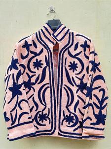 เสื้อแจ็คเก็ตผ้าฝ้ายปักลายซูซานีสีชมพูสไตล์ชาติพันธุ์  ลายดอกไม้ แขนยาว คอตั้ง ทำมือ เสื้อคลุมฤดูหนาวสำหรับผู้หญิง - Product Image 5
