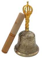 Campana Tibetana Om Hecha a Mano en Latón con Acabado Pulido Brillante y Mango de Madera para Uso en Exteriores - Regalo de Diwali, Calidad Superior, Entrega Rápida