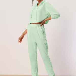 Custom Womens Cropped Sweatsuits Cotton Fleece Tracksuit <b>Set</b> Relaxed Fit Gym Wear Printed Logo Apparel OEM Pakistan - Product Image 2