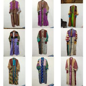 Kimono Maxi de Seda Reciclada Vintage, Vestido Tipo Bata para Mujer, Elegante, con Parches, Cuello en V, Cordón Ajustable, Transpirable, de Secado Rápido, para Verano - Product Image 1