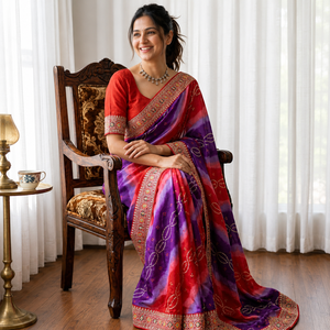 Traditional Indian Silk <b>Saree</b> Women <b>Red</b> Purple Gradient Embroidered Border Floor-Length Recycled Materials for Wedding Occasion - Product Image 1