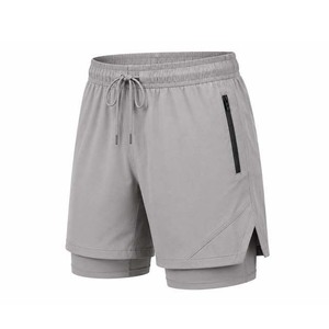 Shorts de sport gris pour homme à séchage rapide avec cordon de serrage et poche zippée, taille mi-haute, couleur unie, en polyester tissé - Product Image 1