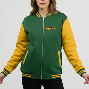 Chaqueta Varsity Personalizada de Tela Teñida Lisa en Verde y Amarillo, Estilo Urbano para Mujer, con Parches de Letras y Perlas, con Capucha - Product Image 1