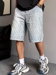 Chrome Heart <b>Men's</b> Mid Waist Stonewashed Denim <b>Shorts</b> Patchwork Embroidery Casual Button Fly Woven Cotton Breathable - Product Image 3