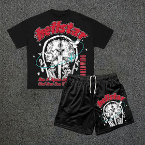 Ensemble deux pièces respirant en soie noire imprimée sérigraphiée pour l'automne |   T-shirt et short délavés par le soleil |   Strass en gros à prix avantageux - Product Image 6