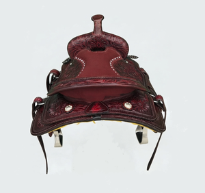 Silla de montar western de cuero para caballo con adornos florales y herrajes de cuero, estructura de fibra de vidrio, tallas de 15-17 pulgadas, para equitación de larga duración - Product Image 6