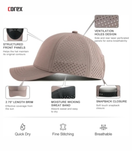 Casquette de baseball personnalisée à séchage rapide, respirante, imperméable, couleur café, 6 panneaux, maille découpée au laser, visière incurvée, snapback, décontractée, voyage, été - Product Image 6