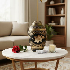 Urnas funerarias decorativas de latón para cenizas, acabado rojo vibrante con intrincados grabados florales dorados, elegantes y duraderas urnas conmemorativas. - Product Image 4