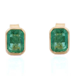<b>Fine</b> 18K Gold Emerald Bezel Set Solitaire Stud <b>Earrings</b> - Product Image 1