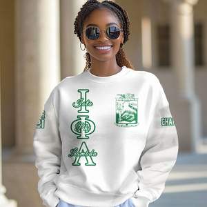 Sudadera Universitaria Personalizada Iota Phi Lambda, Blanca con Verde Esmeralda, con el Escudo de la Hermandad Griega, Sudadera con Capucha Personalizada para Mujer - Product Image 1