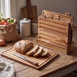 Ensemble de planches à découper en bois d'acacia avec icônes alimentaires étiquetées, 4 pièces, support pour planches à découper, rainure pour jus, passe au lave-vaisselle, écologique - Product Image 1