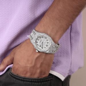 Full Iced Out Moissanite Diamond White Tone Automatic Watch Luxury Hip Hop Stainless Steel Round Arabic Dial Mens WristWatch - Product Image 3