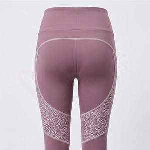 Leggings de Yoga de Cintura Alta y Corte Completo con Estampado Geométrico, Spandex, Nailon, Elasticidad en Cuatro Direcciones, Diseño de Costuras en Contraste - Product Image 2