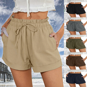 Shorts taille haute à cordon de serrage avec poches, couleur unie, coupe décontractée, pour femmes - Product Image 3