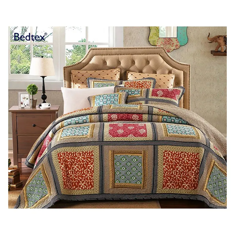 Nieuwe Jaar Slaapkamer Dekbed Beddengoed Set Koningin Borduurwerk Blauw Laken Patchwork Quilt