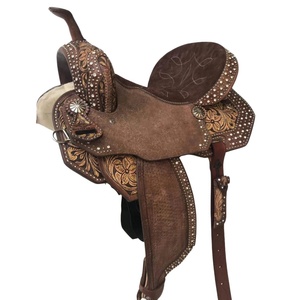 Silla de montar western portátil de cuero genuino con adornos florales y cristales para caballos, ideal para doma clásica. - Product Image 1