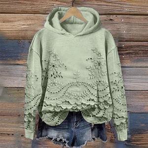 Sudadera con Capucha Floral en Relieve para Mujer, Tejida, Manga Larga, Casual, Otoño, Beige, Ajuste Regular, Mezcla de Algodón, Estilo Bohemio - Product Image 6