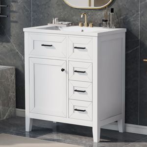 Mobile Bagno Bianco da 30 Pollici con Lavabo e Cassetti, Struttura Solida in MDF (Vecchio SKU N725S999222K) - Product Image 6