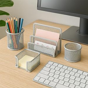 Ensemble d'organisateurs de bureau modernes en métal maillé avec porte-crayons, plateau pour bloc-notes et support pour cartes pour le rangement de l'espace de travail - Product Image 1