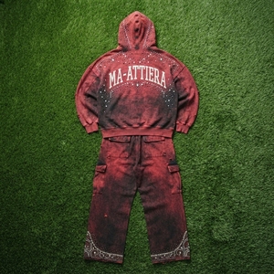 Conjunto de Sudadera con Capucha y Pantalones Cargo para Hombre, Estilo Acid Wash Rojo y Negro, de Algodón y Felpa, Oversize, Streetwear, OEM, Venta al Por Mayor - Product Image 5