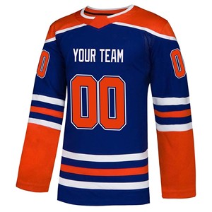 Maillot de hockey sur glace personnalisé bleu orange, impression sublimée, manches longues, respirant, séchage rapide, écologique, maille polyester 3D, unisexe - Product Image 1
