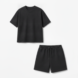 Men's Eco-friendly Black Cotton Fleece T-Shirt Set Crew Neck Short Sleeve Solid Color Casual Summer Wear Knitted Fabric - Product Image 1