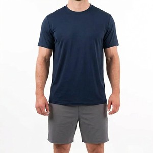 Ensemble décontracté d'été pour homme, t-shirt en coton bleu marine à col rond avec short gris, respirant, tricoté, couleur unie - Product Image 5