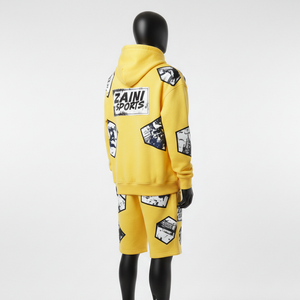 Conjunto de Sudadera con Capucha y Pantalones Cortos de Felpa de Mezcla de Algodón Premium para Hombre, con Panel Amarillo Estampado y Logotipo Personalizado - Product Image 5