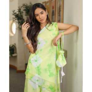 Ensemble Kurta Bohème Vannes à une épaule en vert, taille XS, en tissu mousseline - Product Image 6